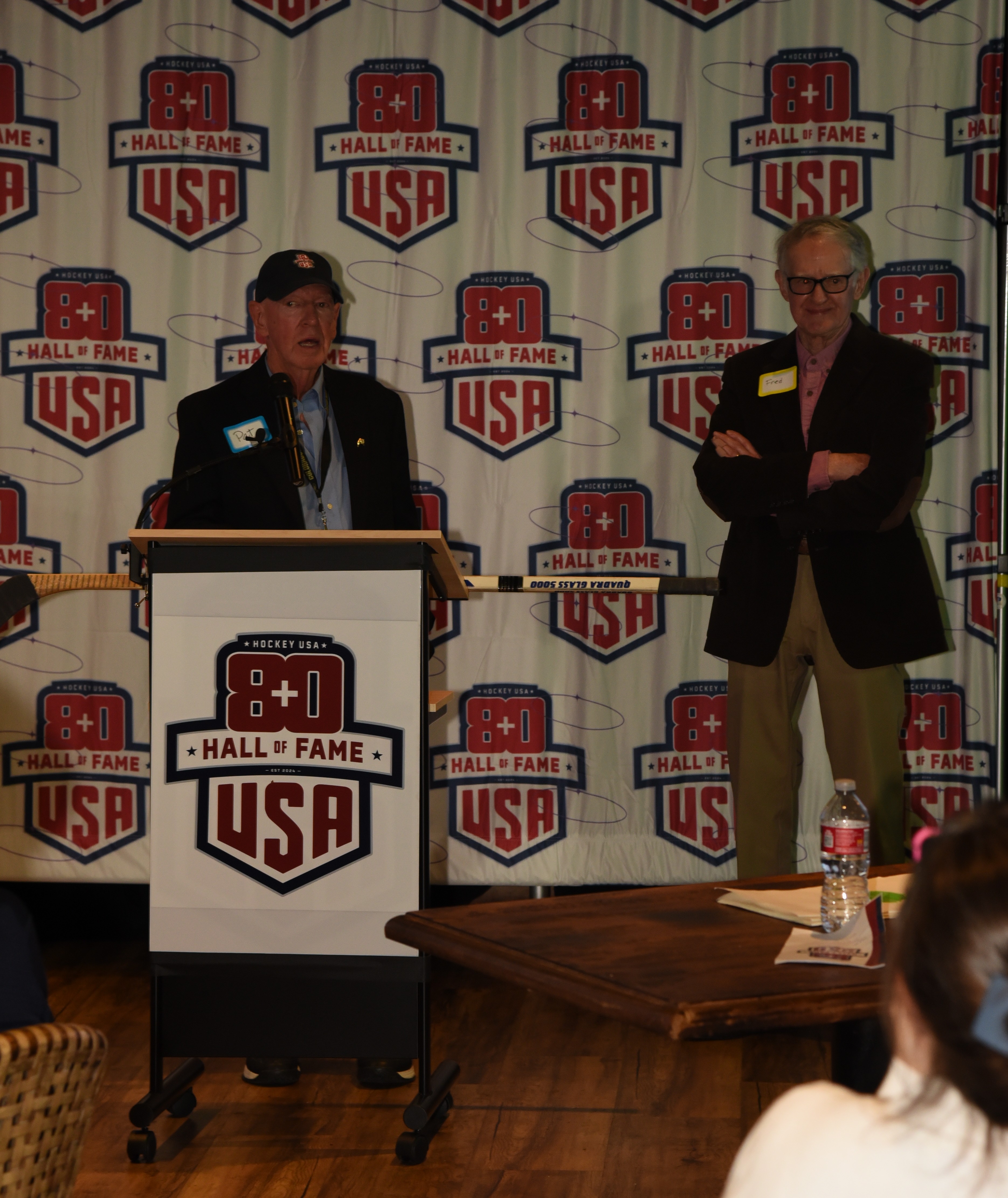 Pat Long speaking during the USA 80+ Hockey Hall of Fame event